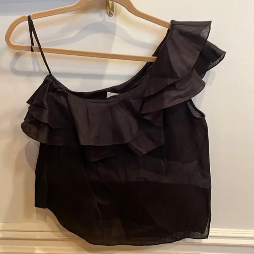 ISABEL MARANT ETOILE BLACK RUFFLE ONE SHOULDER LINEN TOP - ALTERED 40